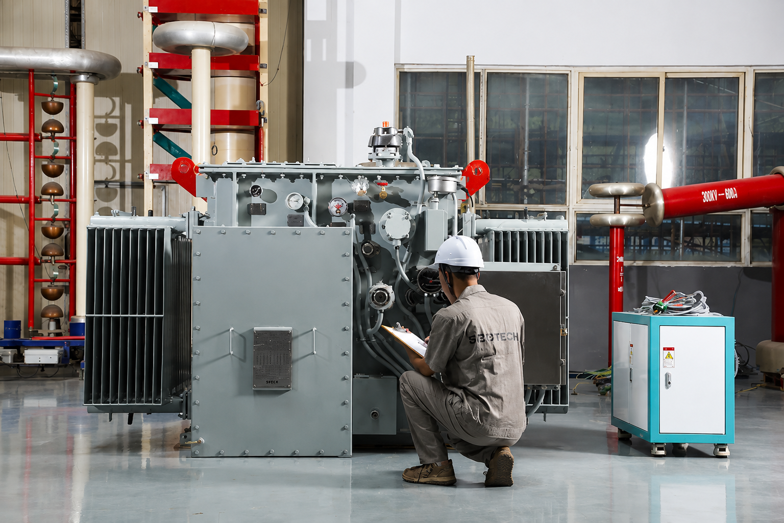 Engineer inspecting a transformer